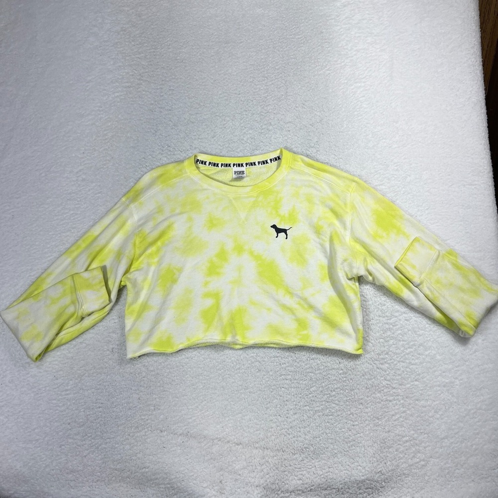 PINK Victorias Secret Sweater Medium Adult Yellow Cropped Tie Dye Womens M Dog